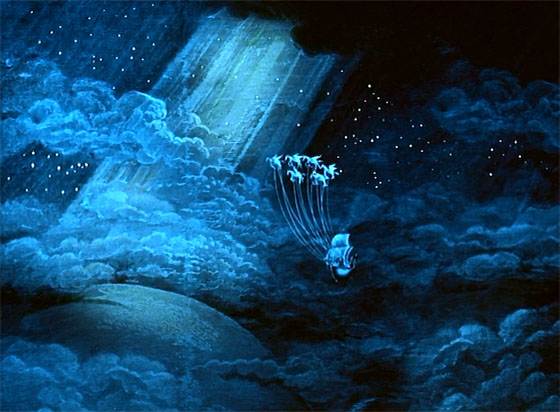 Baron Munchausen returns from the Moon on a ship borne by winged horses.