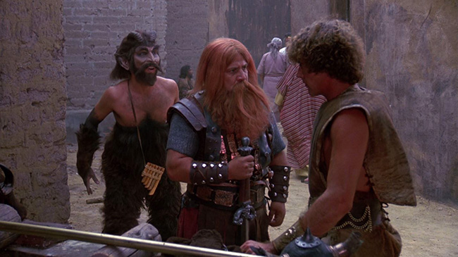 Half-man, half-goat Pando (David Millbern), Valdar (Bruno Rey), and Erlick (Roberto Nelson), allies of the barbarian twins.