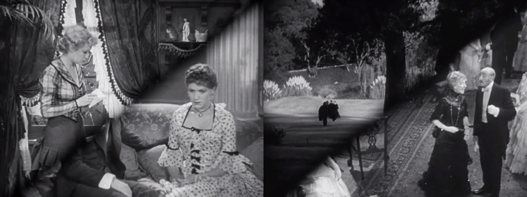 Wipes as splitscreen: (Left) Ivy (Miriam Hopkins) receives money from a guilty Dr. Jekyll, while Jekyll woos Muriel (Rose Hobart); (Right) Mr. Hyde runs free while the upper crust enjoy Muriel's party.