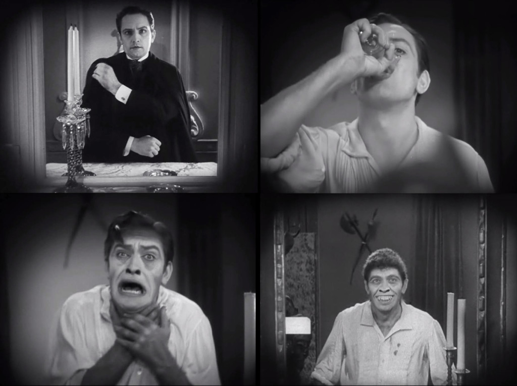 Dr. Jekyll (Fredric March) prepares for his lecture; later, Jekyll drinks his formula before the mirror, with a second glass lifted to the camera in the foreground; colored filters are rotated to expose transformation makeup before the viewer's eyes; an edit after additional makeup has been applied reveals the newborn Mr. Hyde. 