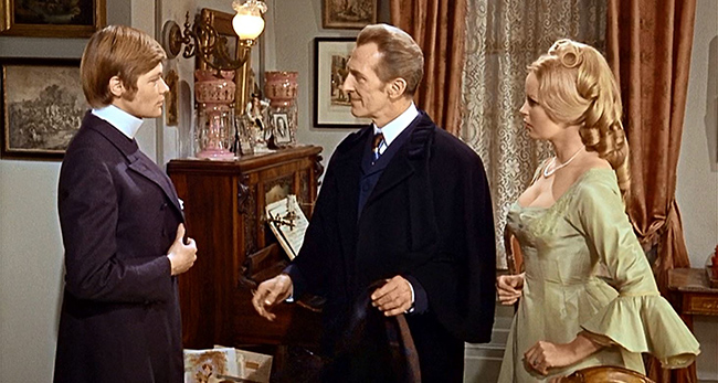 Karl (Simon Ward), Baron Frankenstein (Cushing), and Anna (Veronica Carlson). 