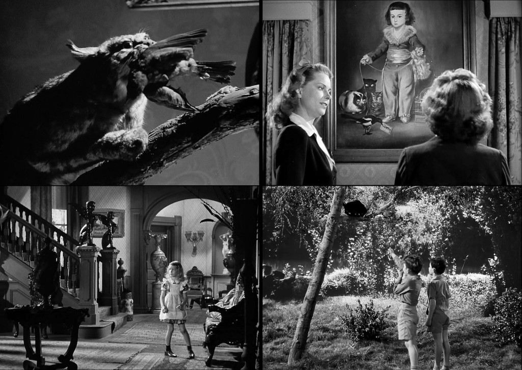 The cats of "The Curse of the Cat People" (clockwise from upper-left): A stuffed cat with a bird in its jaws; "Irena's favorite painting," Goya's "Manuel Osorio Manrique de Zúñiga," with its lusting cats; two boys pretend to machine-gun a black cat off a branch; Amy is watched by two sphinxes on the bannisters.