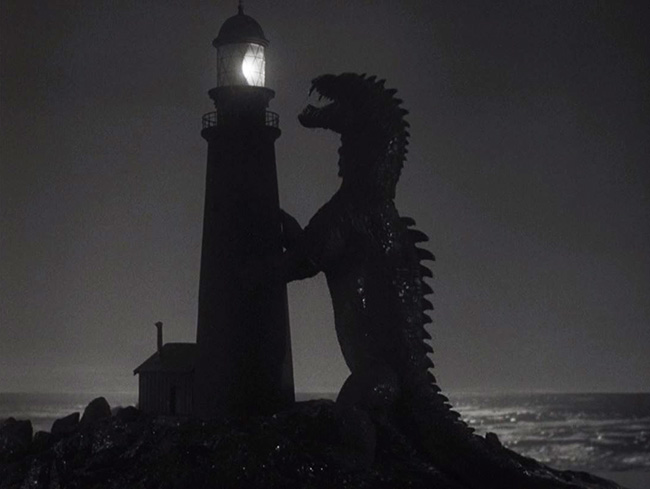 The Rhedosaurus assaults a lighthouse.