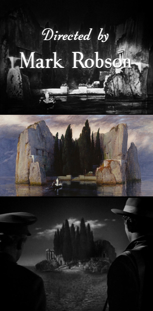 Three Isles of the Dead: the film's opening credits; one of the original 19th century paintings by Arnold Böcklin; Boris Karloff and Marc Cramer ride a boat to the island in a scene from the film.