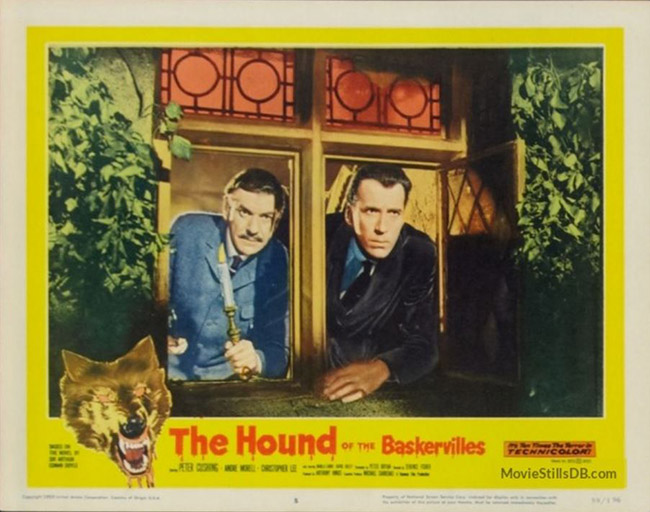 Lobby card: Dr. Watson (André Morell) and Sir Henry Baskerville (Christopher Lee) watch the moors.