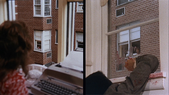 Grace (Jennifer Salt) witnesses the murder of Phillip from the neighboring building, in a dynamic use of split-screen.